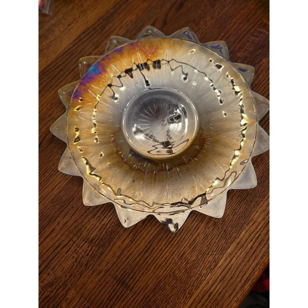 Glass‎ Sunflower Candy Dish Trinket Bowl Iridescent Amber Starburst Petal
